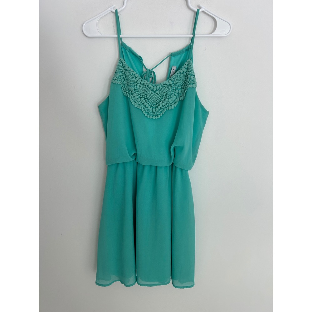 Hyfve Teal Green Crochet Lace Bib Mini Dress Chiffon Sleeveless Size M 16H206